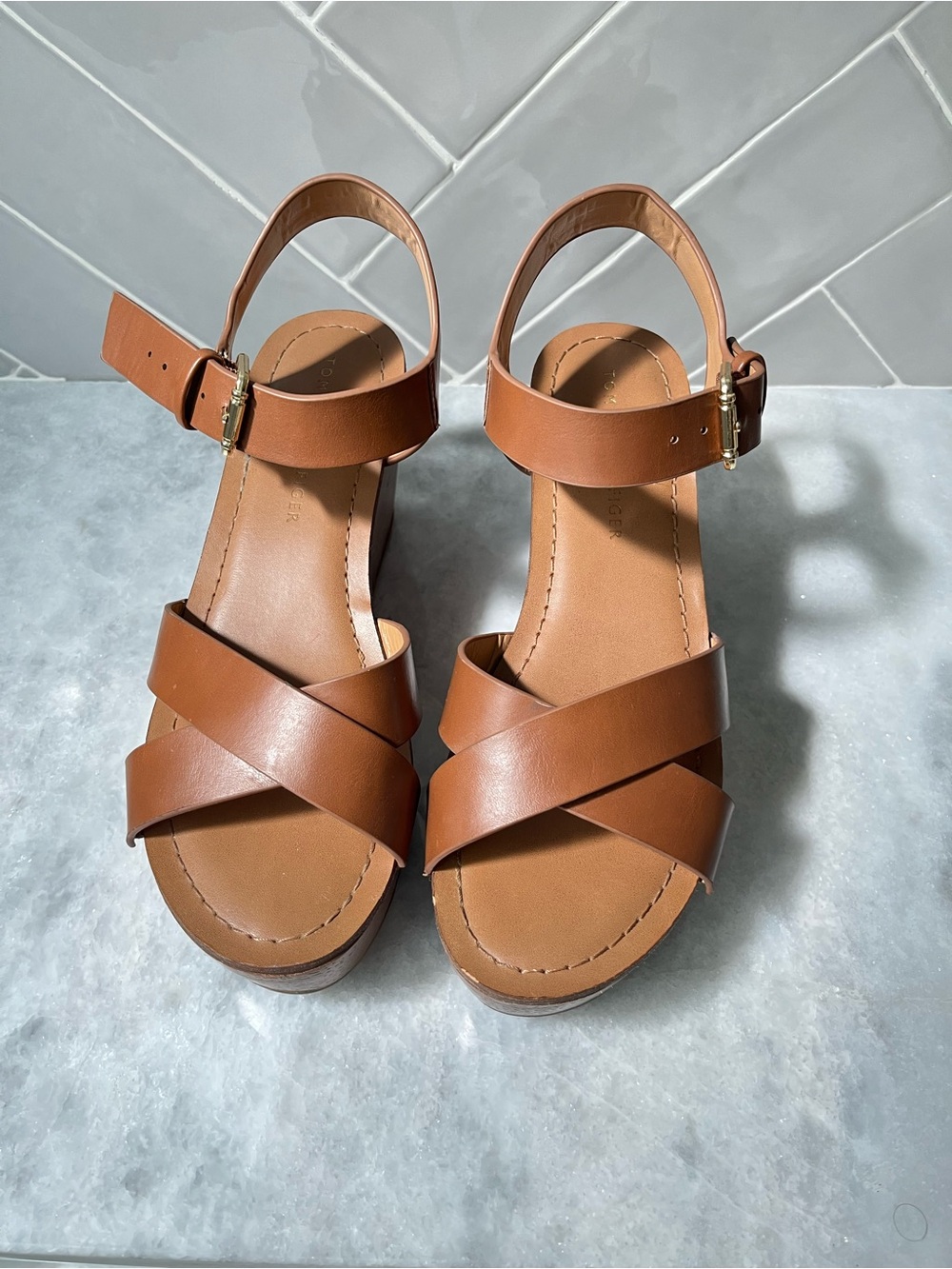 Tommy Hilfiger Tan Leather Crisscross Ankle-Strap Sandals